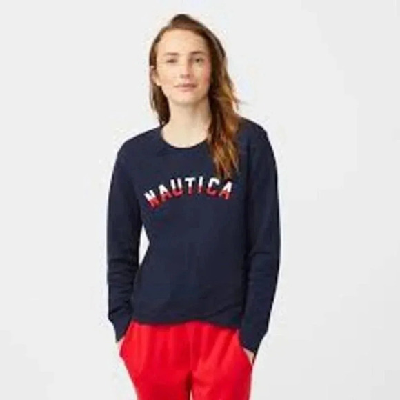 Nautica Womens Crew Neck Pullover Crossover Hem Logo Sweatshirt Navy Blue Medium - Picture 1 of 4